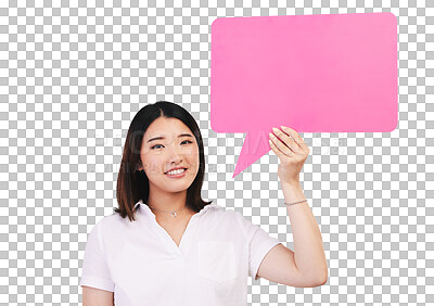 Buy stock photo Isolated Japanese woman, speech bubble and portrait with smile for opinion by transparent png background. Girl, poster or paper board for feedback, quote or review with mockup space for social media