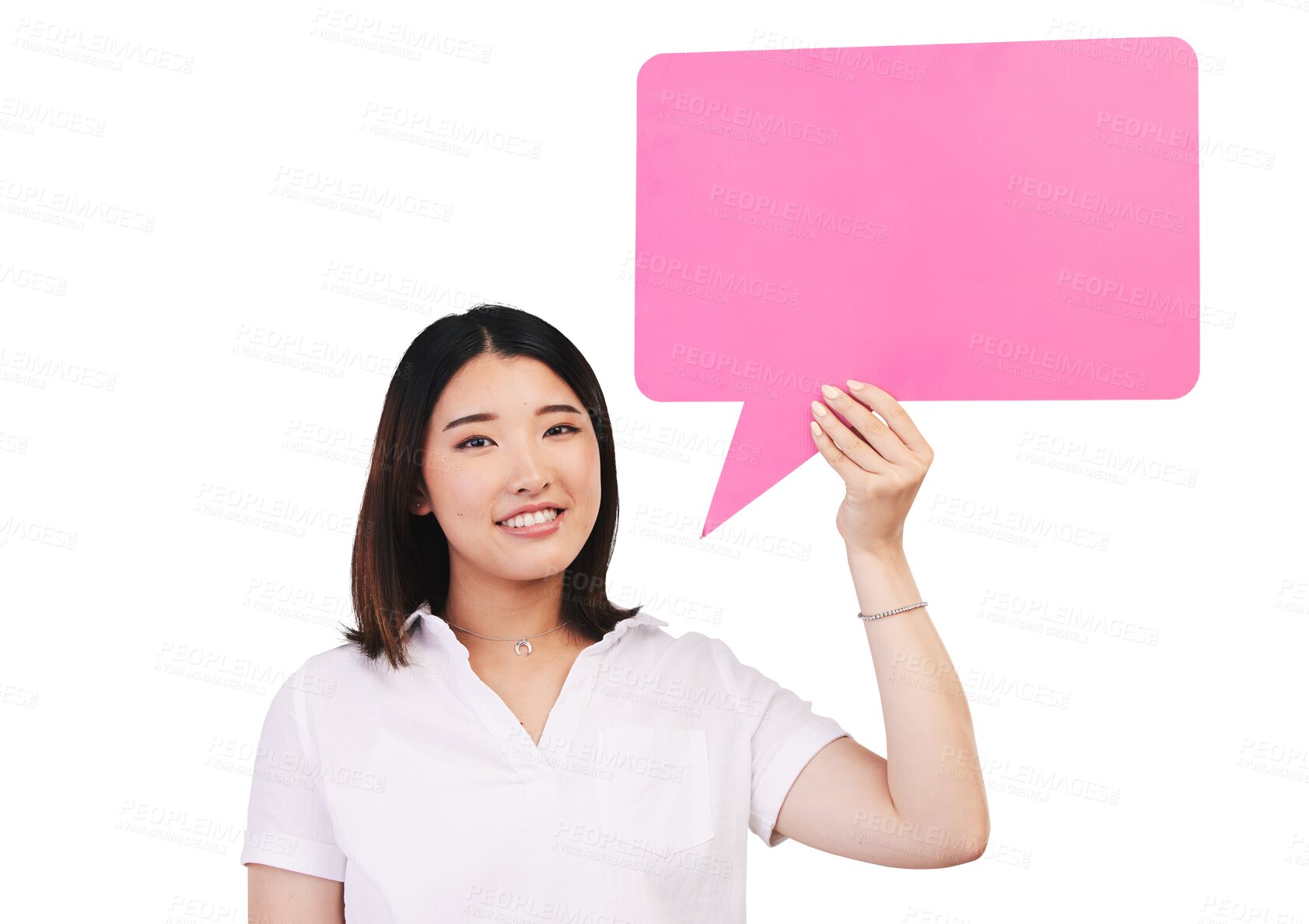 Buy stock photo Isolated Japanese woman, speech bubble and portrait with smile for opinion by transparent png background. Girl, poster or paper board for feedback, quote or review with mockup space for social media