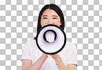 Megaphone announcement, portrait and Asian woman with retail sal