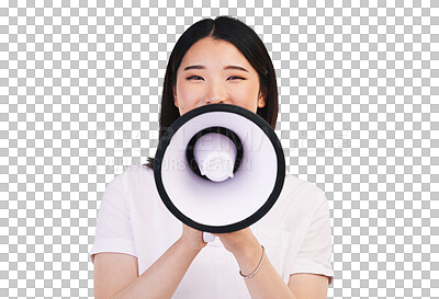 Buy stock photo Portrait, ,megaphone and an asian woman at a protest for motivation isolated on transparent background. Communication, announcement or information with a young person talking through a speaker on PNG