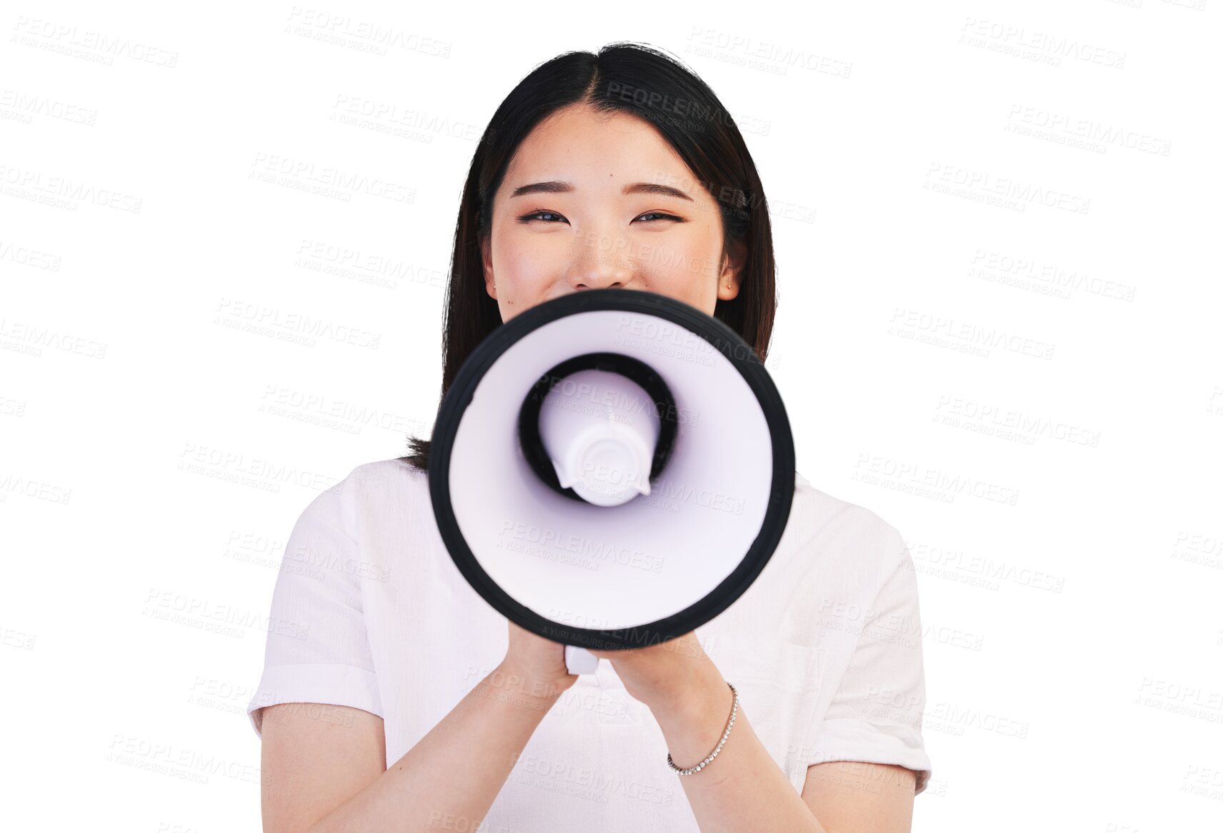 Buy stock photo Portrait, ,megaphone and an asian woman at a protest for motivation isolated on transparent background. Communication, announcement or information with a young person talking through a speaker on PNG