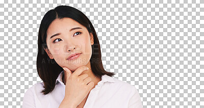 Buy stock photo Woman, asian or thinking for decision in problem solving, idea or brainstorming for solution. Japanese model, emoji or contemplating in creative inspiration or isolated on transparent png background 