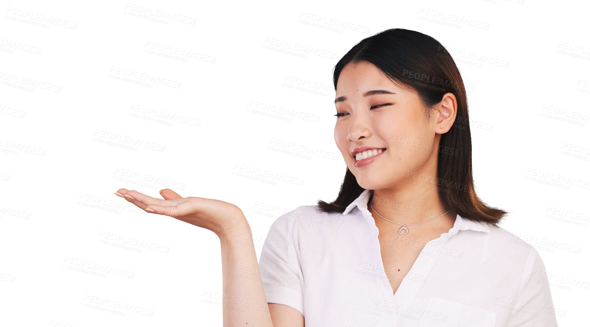 Buy stock photo Advertising, promotion or woman with palm open for announcement, happy or wellness with smile. Young model person, japanese or sign with marketing deal or isolated on transparent png background  