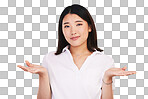 Doubt, decision and portrait of Asian woman on pink background f