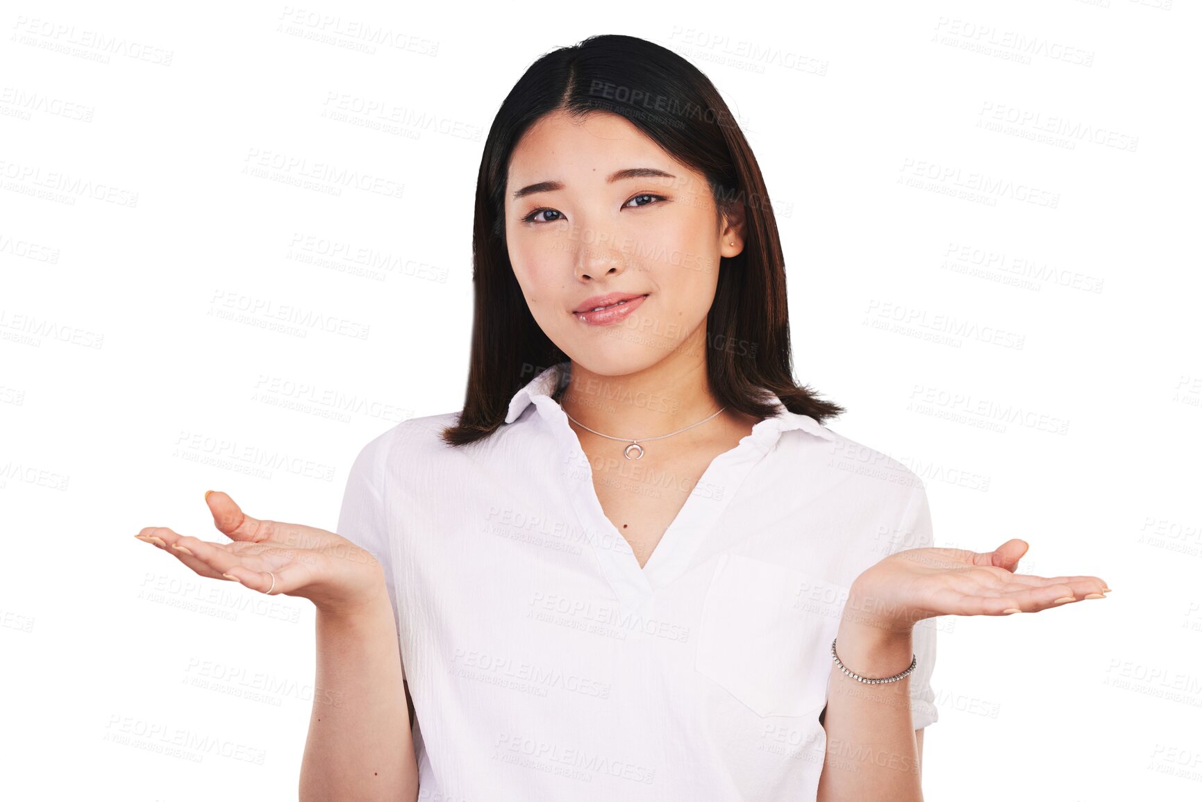 Buy stock photo Woman, confused and portrait with doubt for decision, uncertain and question for unsure of options. Japanese model, choice and hands in young face on emoji and isolated on transparent png background