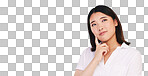 Asian woman, thinking and decision on mockup in problem solving