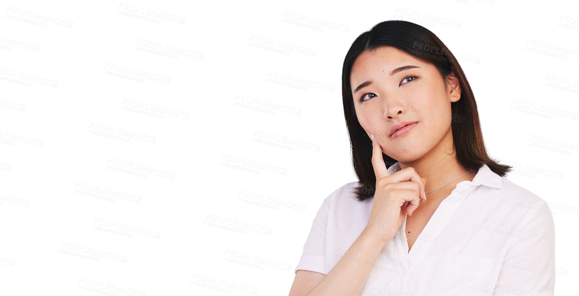 Buy stock photo Woman, asian or thinking for solution in problem solving, idea or brainstorming for decision. Japanese model, emoji or contemplating in creative inspiration or isolated on transparent png background 