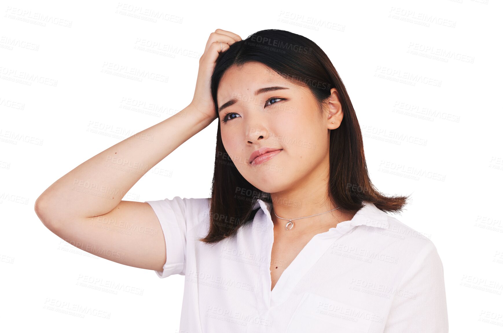 Buy stock photo Thinking, woman and scratch head for problem solving, idea and brainstorming for solution or decision. Japanese model, emoji and contemplating with choice and isolated on transparent png background 
