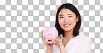 Piggy bank, savings and finance, woman in portrait and mockup sp