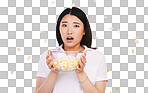 Surprise, woman and portrait with horror and popcorn, bowl or fo