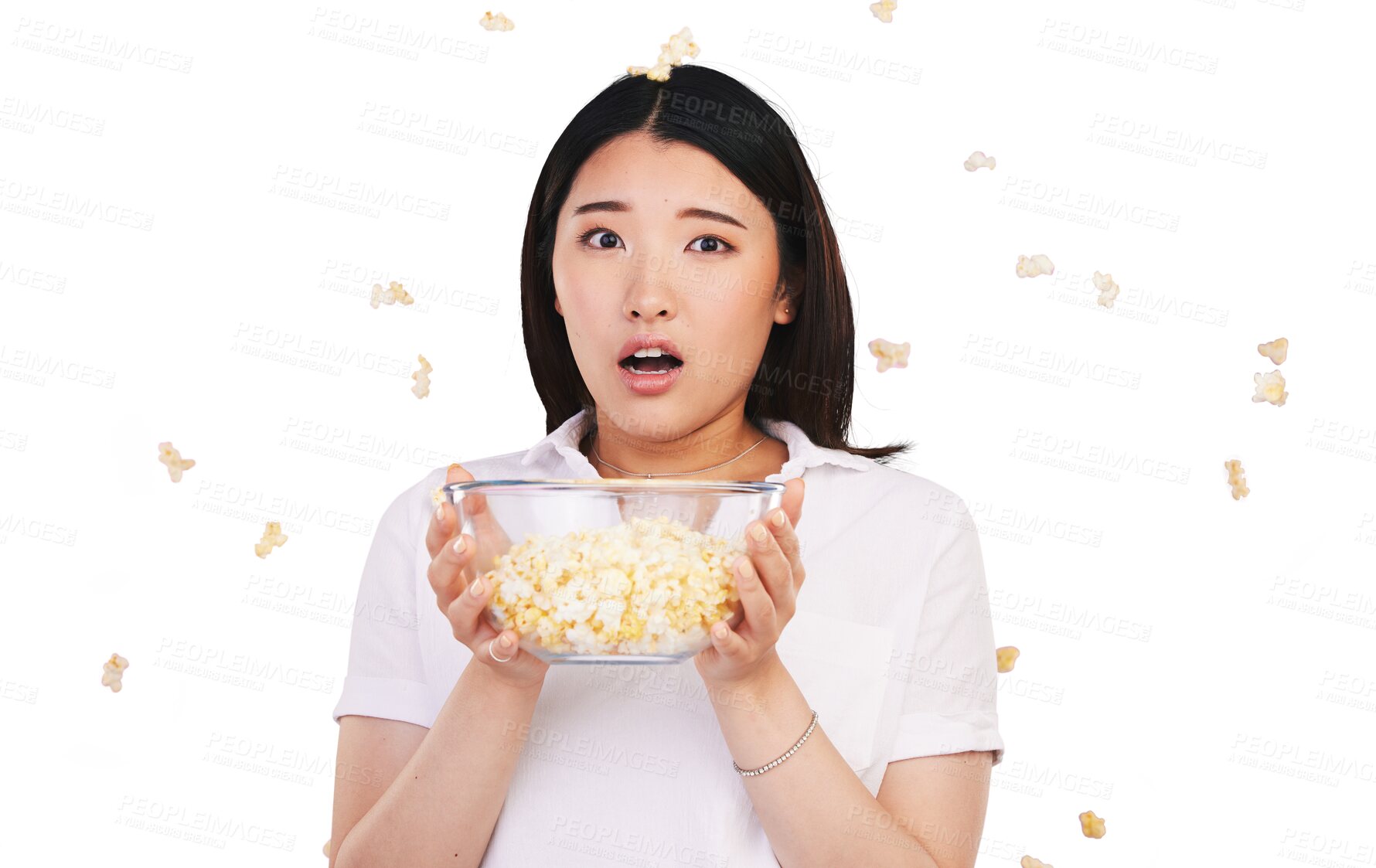 Buy stock photo Portrait, wow and popcorn with an asian woman watching a movie isolated on a transparent background. Face, food and snack with a young person at the cinema for scared or horror entertainment on PNG