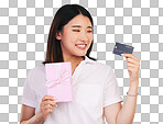 Credit card, gift box and young woman in a studio online shoppin