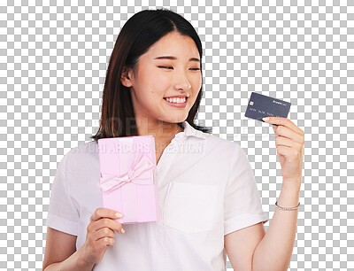 Buy stock photo Isolated Japanese woman, credit card and box with smile, thinking and gift shopping by transparent png background. Girl, banking and happy for financial freedom, payment and decision with present