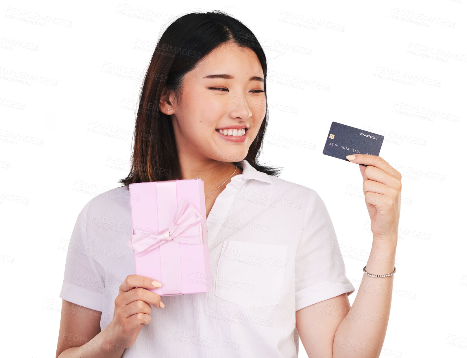 Buy stock photo Isolated Japanese woman, credit card and box with smile, thinking and gift shopping by transparent png background. Girl, banking and happy for financial freedom, payment and decision with present