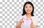 Gift, Asian and portrait of woman giving present box happy for c