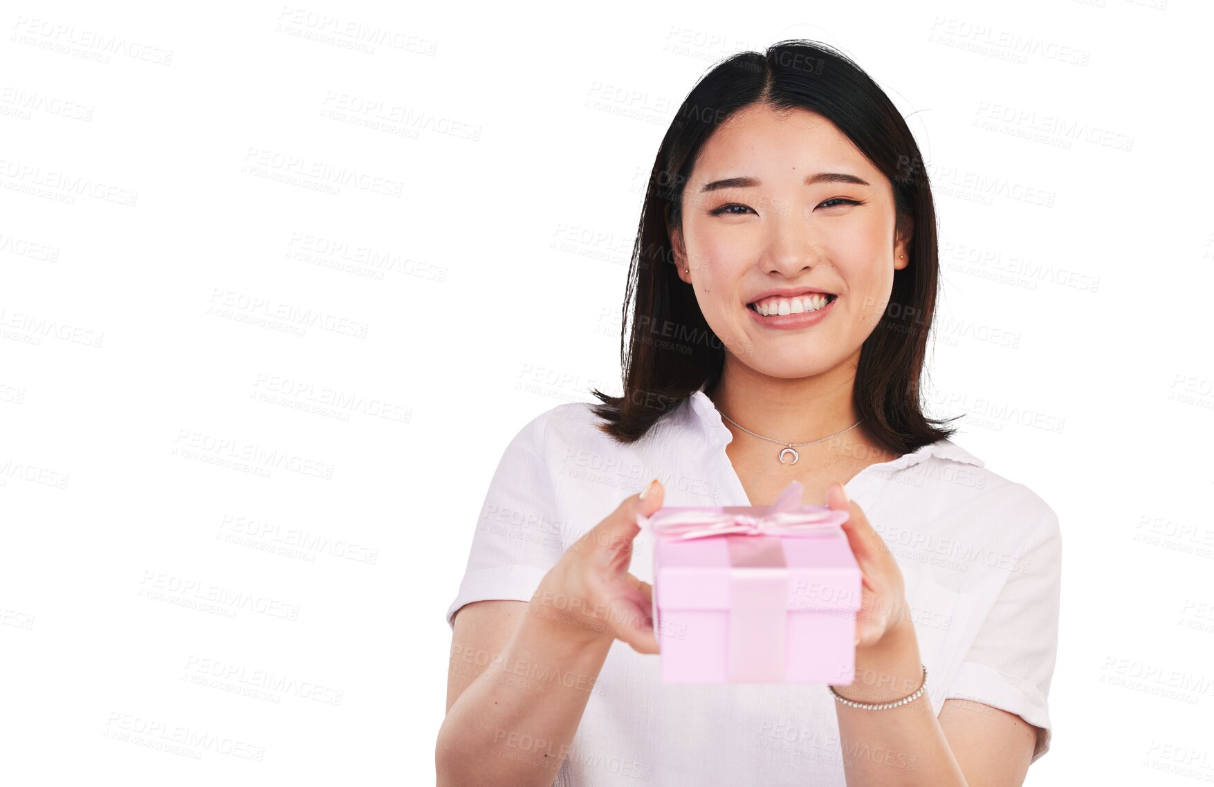 Buy stock photo Portrait, happy woman and smile with gift for giveaway, prize or present for celebration. Asian person, face or excited expression for ribbon, box and isolated on transparent png background for event