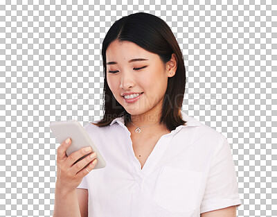 Buy stock photo Search, phone or Asian woman typing on internet, reading email on app online or social media communication. Smartphone, happy person scroll or mobile technology isolated on transparent png background