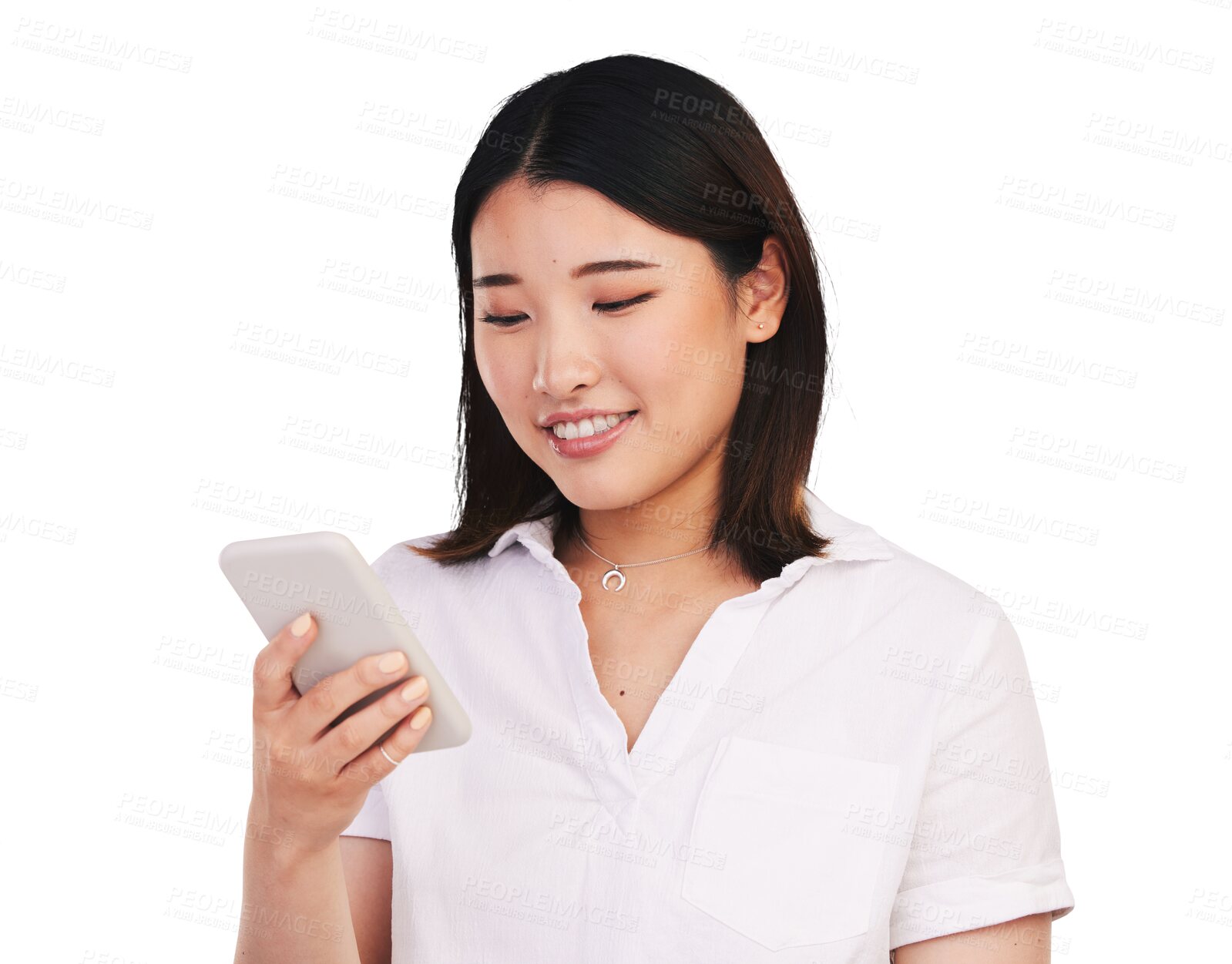 Buy stock photo Search, phone or Asian woman typing on internet, reading email on app online or social media communication. Smartphone, happy person scroll or mobile technology isolated on transparent png background