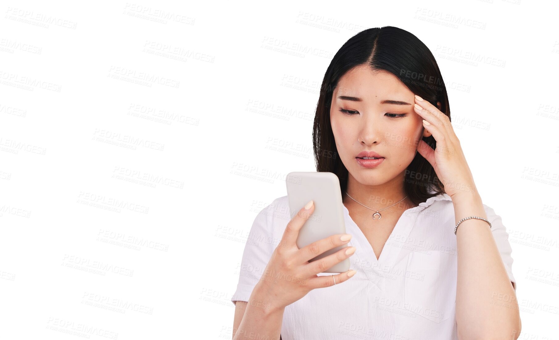 Buy stock photo Search, smartphone or stress for technology with woman, reading notification or worry for networking. Social media, mobile app or frustrated in asian person or isolated on transparent png background