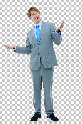 Buy stock photo Business man, choice and hands in comparison isolated on a transparent png background. Smile, professional and palm for decision in balance, scale and thinking of options, presentation or advertising