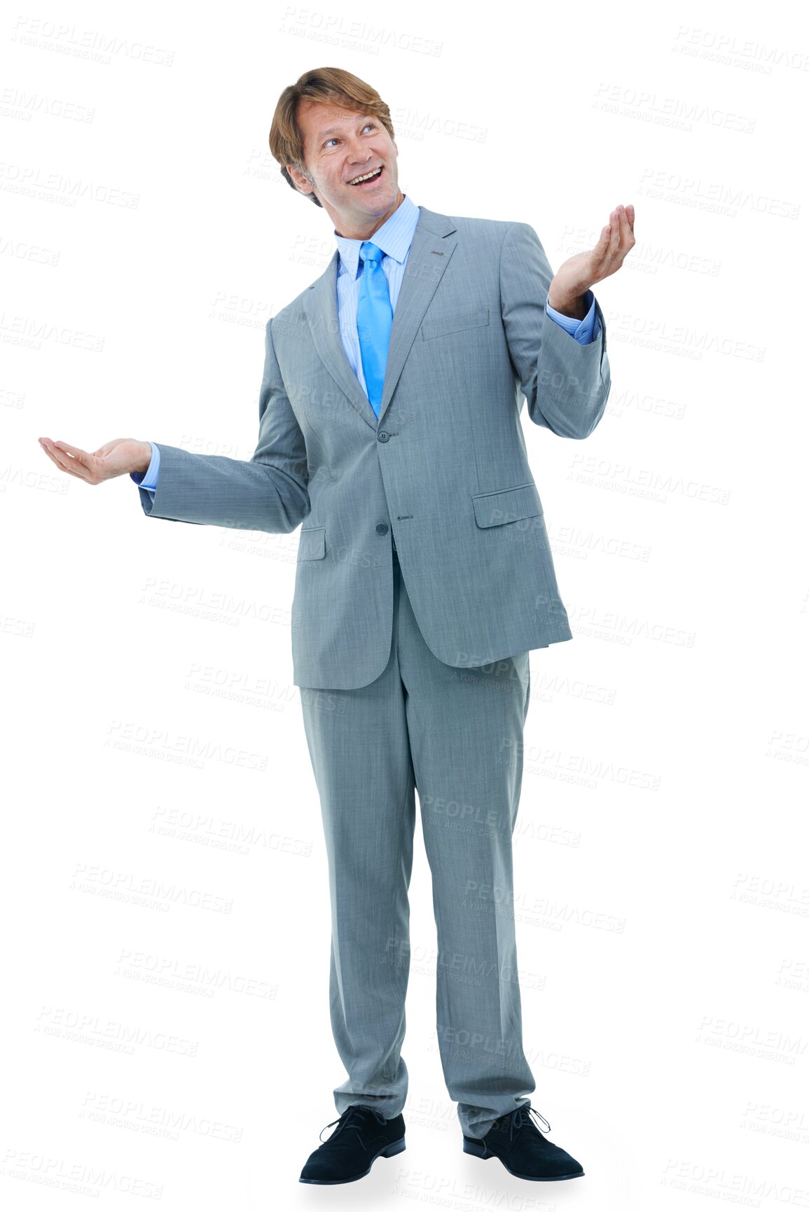 Buy stock photo Business man, choice and hands in comparison isolated on a transparent png background. Smile, professional and palm for decision in balance, scale and thinking of options, presentation or advertising