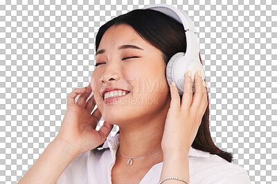 Headphones, happy and young woman in a studio listening to music