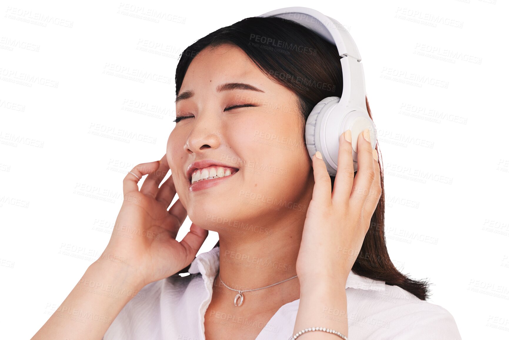 Buy stock photo Headphones, happy and young woman in listening to music, audio and podcast for entertainment. Smile, calm and asian female model to stream in online radio and isolated on transparent png background