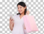 Happy asian woman, phone and shopping bag in payment, purchase o