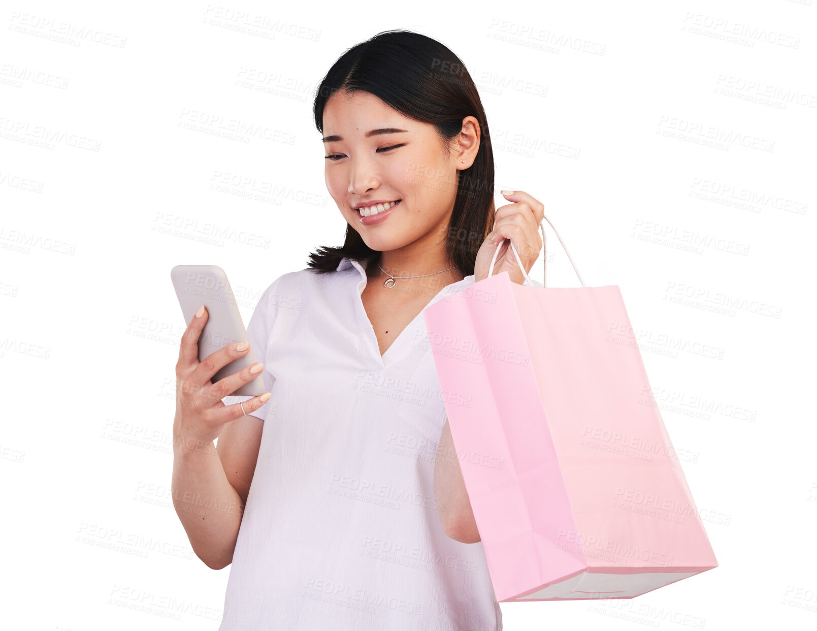 Buy stock photo Isolated Japanese woman, phone and shopping bag with thinking, search or deal by transparent png background. Girl, reading and happy for discount, sales or online customer experience for e commerce