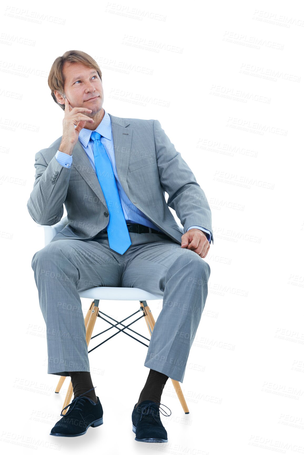 Buy stock photo Thinking, business and man with planning, solution and employee isolated on transparent background. Person, worker and consultant on a chair, png and problem solving with ideas, development or choice