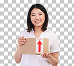 Woman, box and delivery, courier and e commerce with portrait an