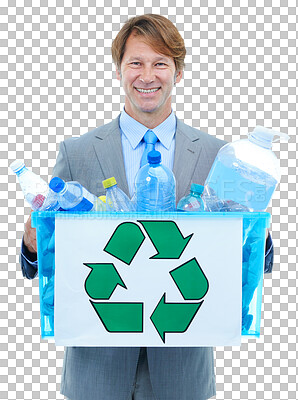 Buy stock photo Man, portrait and plastic recycle bin for environment sustainability, eco friendly isolated on transparent png background. Business person, smile or garbage bottles reuse, climate or pollution ngo