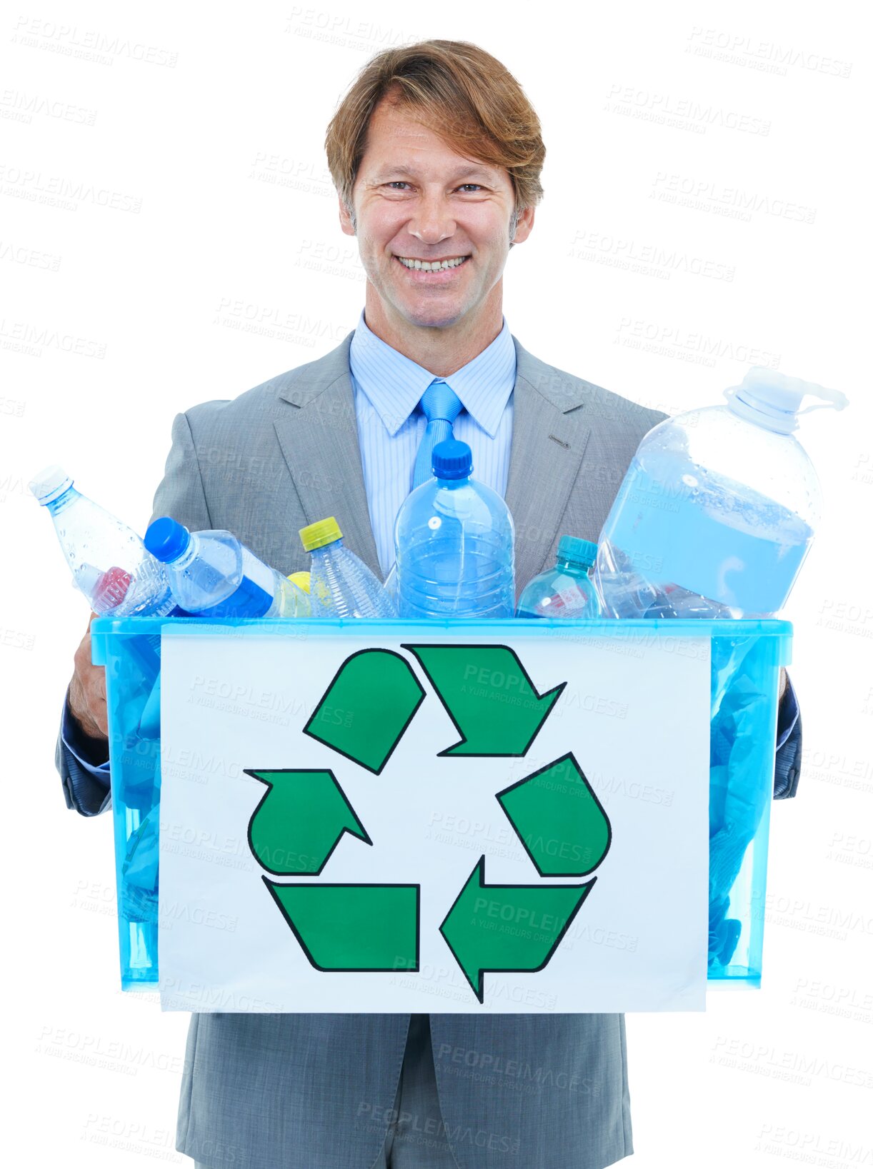 Buy stock photo Man, portrait and plastic recycle bin for environment sustainability, eco friendly isolated on transparent png background. Business person, smile or garbage bottles reuse, climate or pollution ngo