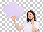 Asian woman, speech bubble and thinking on mockup space in quote