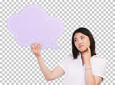 Buy stock photo Isolated Japanese woman, speech bubble and thinking for idea, opinion or question by transparent png background. Girl, poster and sign for feedback, quote or review with mockup space for social media