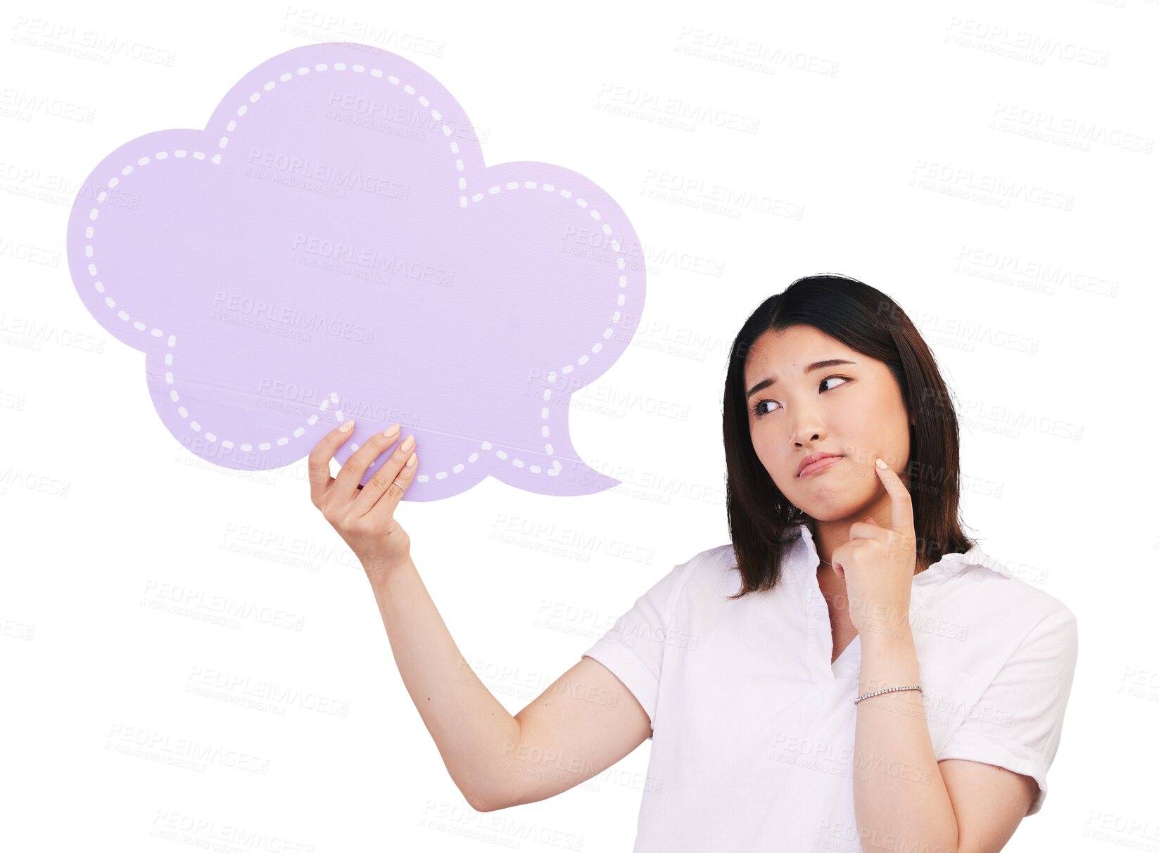 Buy stock photo Isolated Japanese woman, speech bubble and thinking for idea, opinion or question by transparent png background. Girl, poster and sign for feedback, quote or review with mockup space for social media