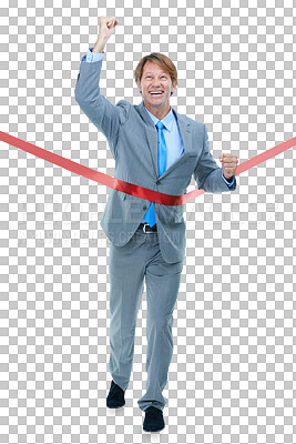 Buy stock photo Businessman, red or ribbon in success, winner or achievement in corporate victory race. Smile, mature or worker on isolated, transparent or png background for company finish line, growth or promotion