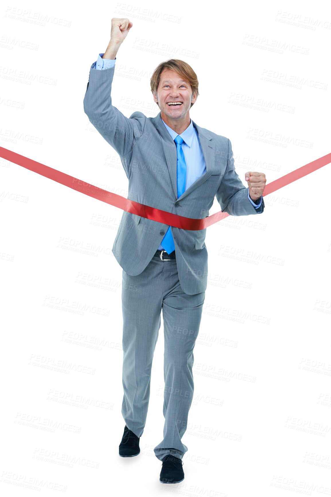 Buy stock photo Businessman, red or ribbon in success, winner or achievement in corporate victory race. Smile, mature or worker on isolated, transparent or png background for company finish line, growth or promotion