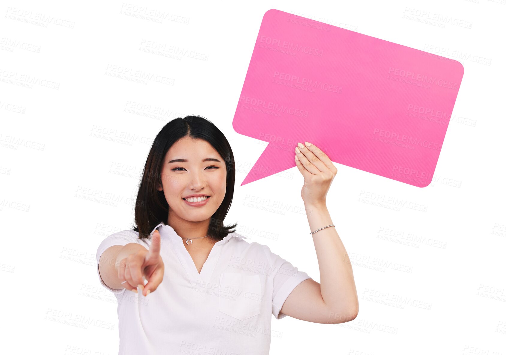 Buy stock photo Isolated woman, speech bubble and portrait to point at you with opinion by transparent png background. Japanese girl, poster or board for feedback, quote or review with mockup space for social media