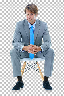 Buy stock photo Businessman, serious and portrait with question, job and ceo for company and isolated on transparent png background. Corporate, executive and sitting as management, face and positive for profession