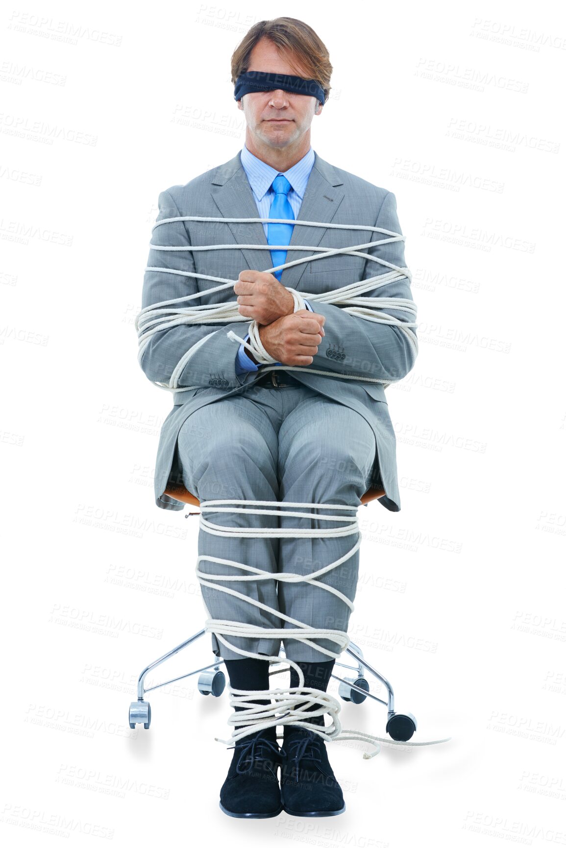 Buy stock photo Business man, hostage and chair with rope, blindfold for corporate slavery by transparent png background. Isolated entrepreneur, bondage and kidnapping with compliance, law and regulation with policy