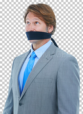 Buy stock photo Business man, hostage and gag on mouth, silence or planning for freedom by transparent png background. Isolated entrepreneur, stress and thinking in kidnapping for corporate slavery, policy or stress