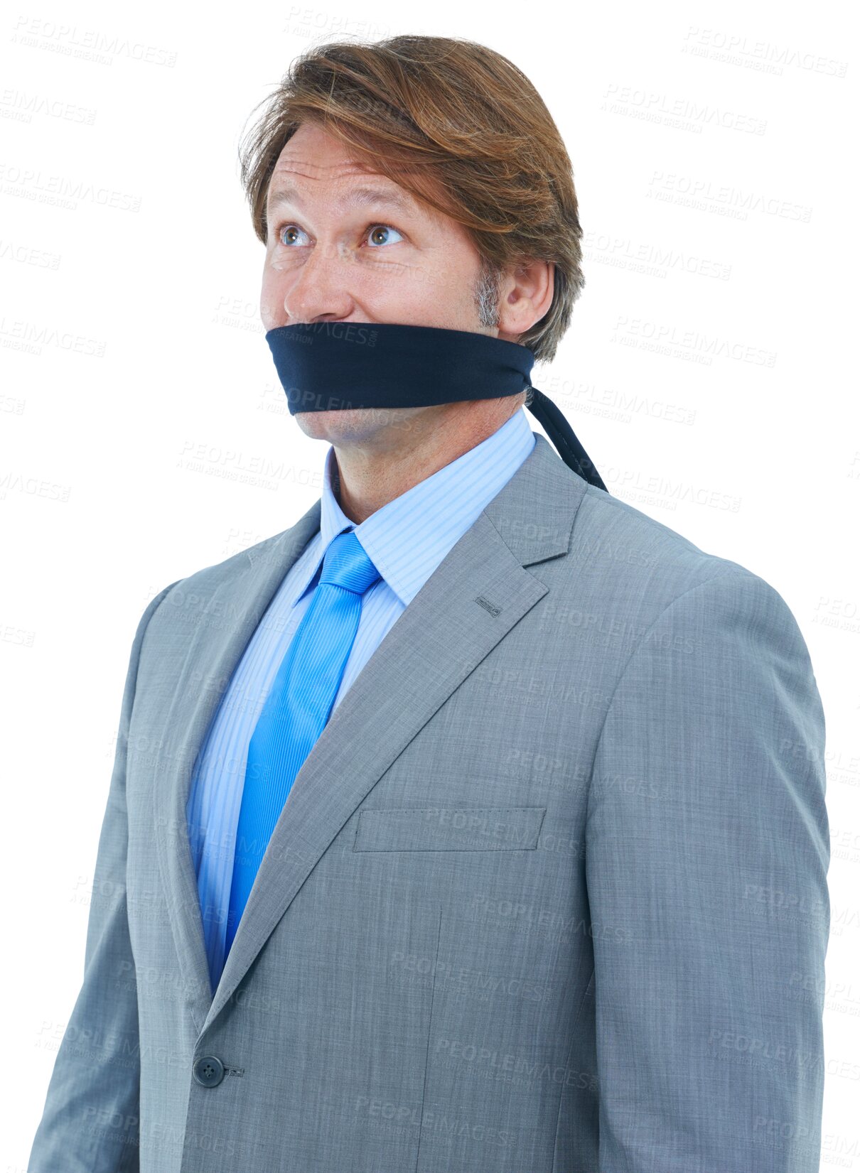 Buy stock photo Business man, hostage and gag on mouth, silence or planning for freedom by transparent png background. Isolated entrepreneur, stress and thinking in kidnapping for corporate slavery, policy or stress