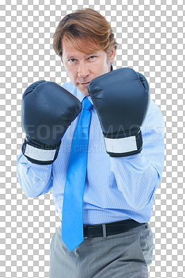 Buy stock photo Businessman, boxing and portrait for fighting, strong and corporate fight on isolated transparent png background. Entrepreneur, alone and executive for company, assertive and confident for challenge