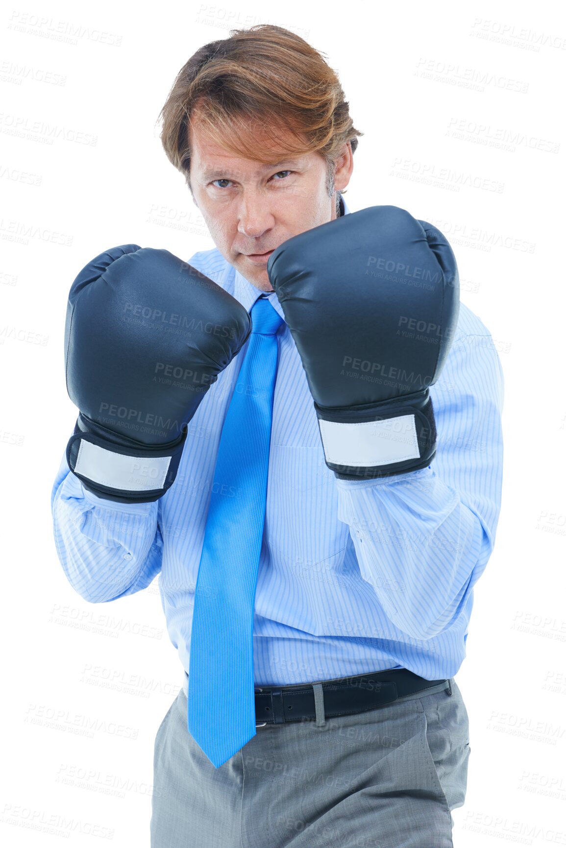 Buy stock photo Businessman, boxing and portrait for fighting, strong and corporate fight on isolated transparent png background. Entrepreneur, alone and executive for company, assertive and confident for challenge