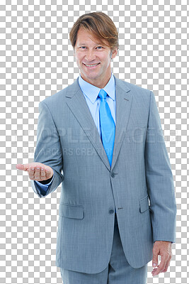 Buy stock photo Businessman, smile and hand for presentation of offer, choice or decision with announcement. Mature person, male ceo and happy for in portrait with message on isolated or transparent png background