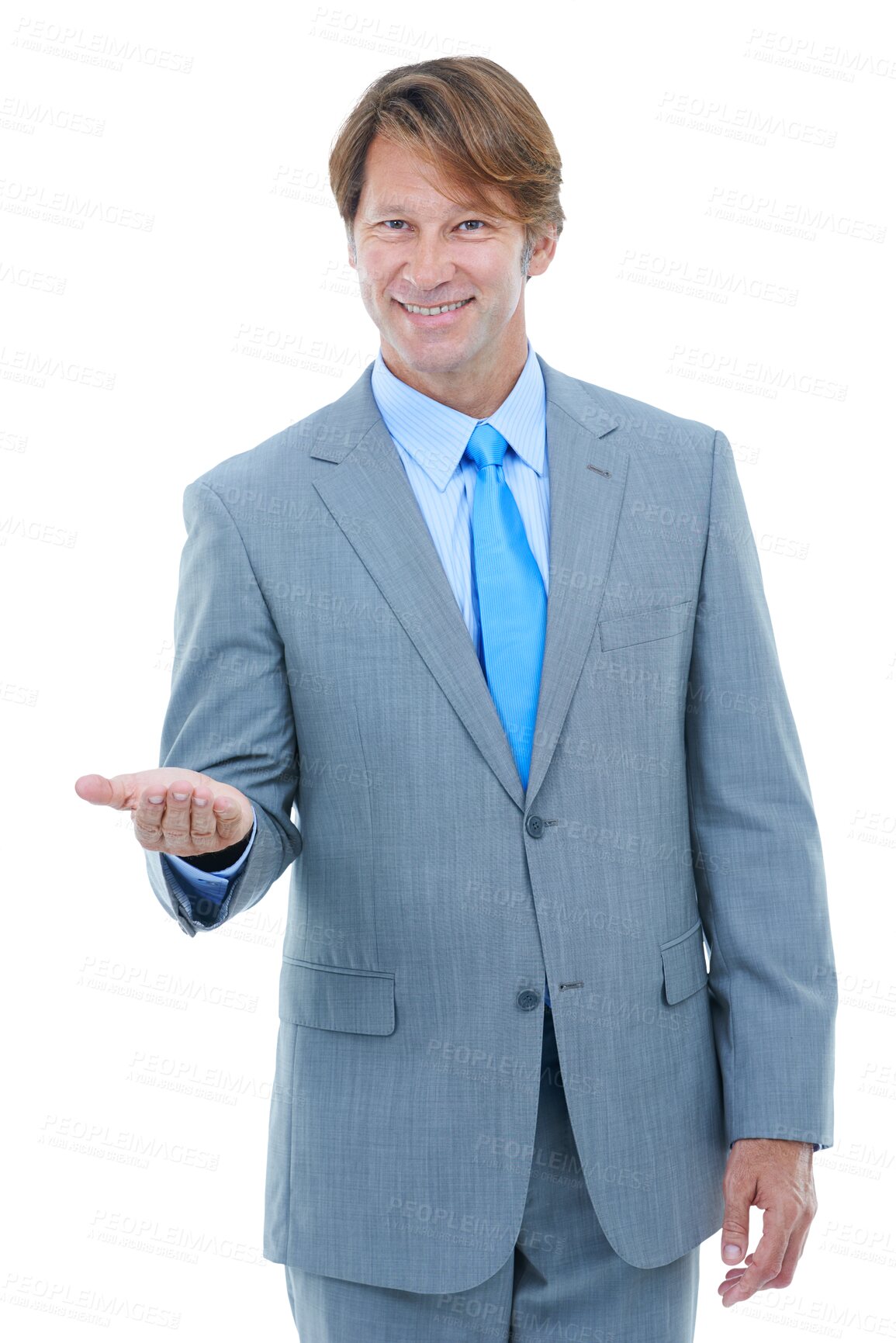 Buy stock photo Businessman, smile and hand for presentation of offer, choice or decision with announcement. Mature person, male ceo and happy for in portrait with message on isolated or transparent png background