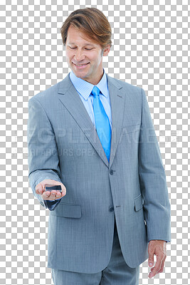 Buy stock photo Smartphone, business and man with a smile, employee and consultant isolated on a transparent background. Person, worker or entrepreneur with a cellphone, digital app and presentation with png or user