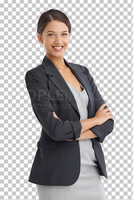 Buy stock photo Confident, businesswoman and fashion portrait with arms crossed in transparent, isolated or png background. Happy, face and professional style of woman, entrepreneur or manager with smile and pride