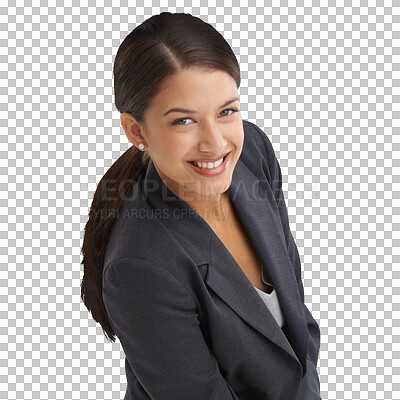 Buy stock photo Woman, portrait and business clothes for confident employee smile, isolated on transparent png background. Indian person, consultant manager and face for style trend, dress code or formal pride suit